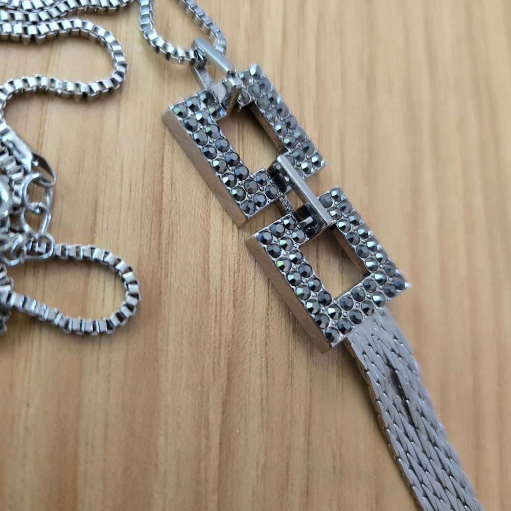 Tassel Pendant Box Chain Necklace Silver Tone Gray Rhinestone Geometric